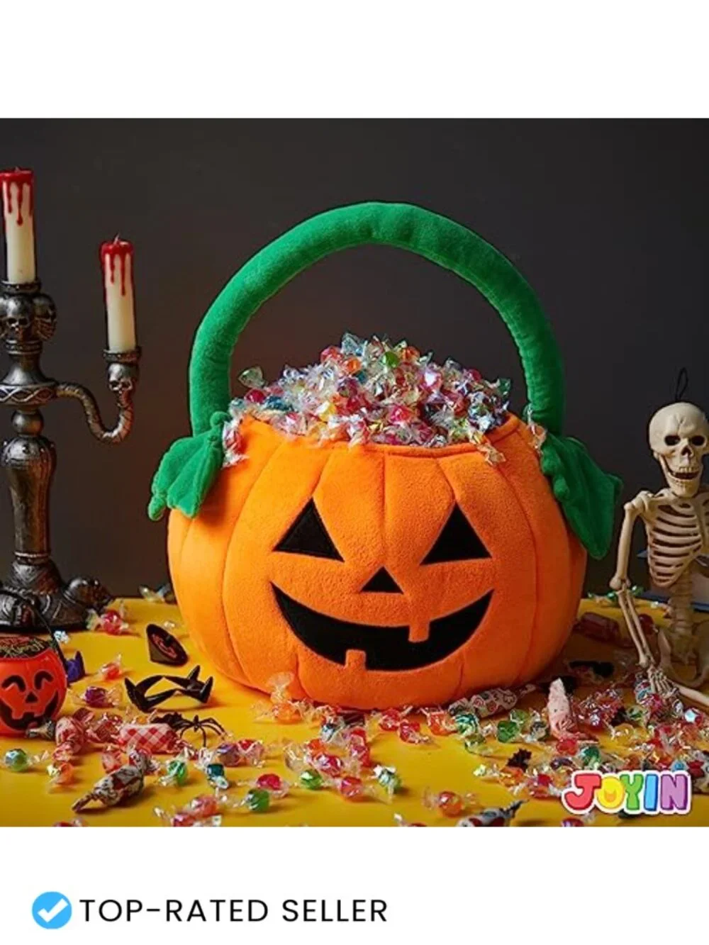 Plush Halloween Pumpkin Tote Bucket, Trick or Treat Candy Bag with Handle for